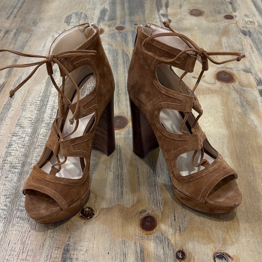 Vince Camuto Tan Suede Lace-Up Heels